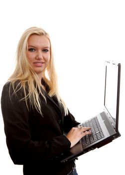 busy blonde businesswoman with laptop over white background