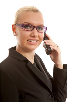 portrait of businesswoman in closeup on the phone over white background