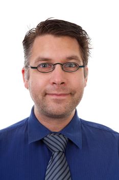 portrait of male nerdy geek over white background