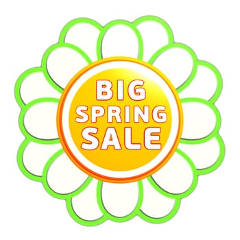 big spring sale banner - 3d green orange flower label with white text, business concept