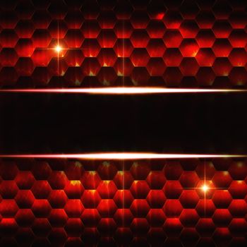 abstract black red background with hexagons, lights and text space