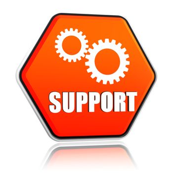 support and gears sign - 3d orange hexagon button with text and symbol