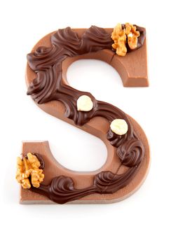 Decorated Chocolate letter S for Sinterklaas, typical Dutch party in december, isolated on white background