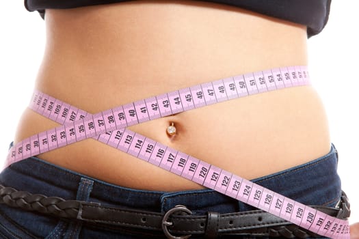 diet, young woman is measuring her waist in closeup over white background