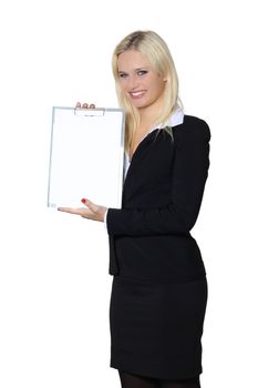 Business woman showing copy space isolated on white