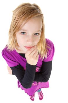 Girl is thinking, you look from above, over white background