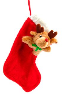 christmas stocking woth rudolph over white background