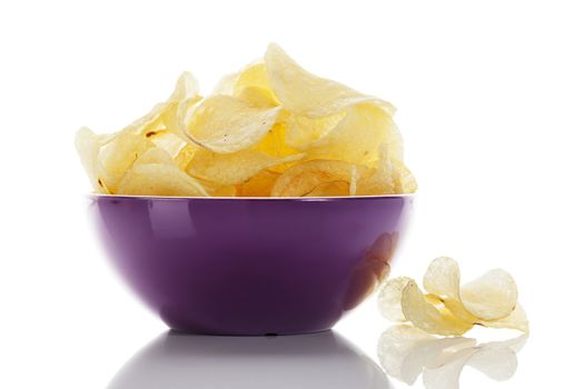 potato chips in a purple bowl on white background