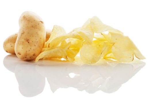 potato chips with potatoes on white background