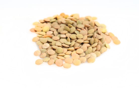 Heap of raw lentils on a plain background
