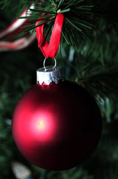Matte red holiday ornament on a Christmas tree