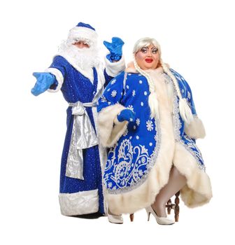 Travesty Actors Genre Depict Santa Claus and Snow Maiden, on white background