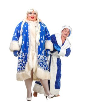 Travesty Actors Genre Depict Santa Claus and Snow Maiden, on white background