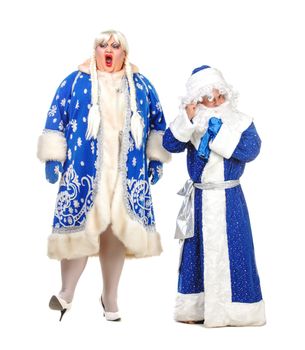 Travesty Actors Genre Depict Santa Claus and Snow Maiden, on white background