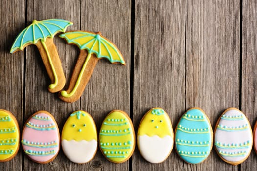 Easter homemade gingerbread cookie over wooden table