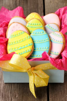 Easter homemade gingerbread cookie over wooden table