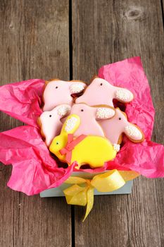 Easter homemade gingerbread cookie over wooden table