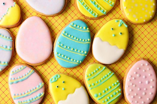 Easter homemade gingerbread cookie over tablecloth