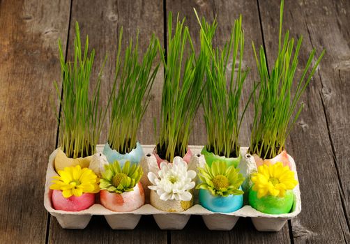 Colored easter eggs on wooden table