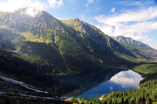 Mountain landscape with visible at the bottom of the lake.