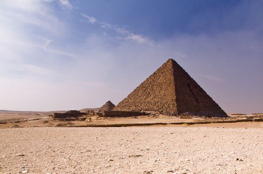 Ancient stone pyramid in Egyptian desert near Giza