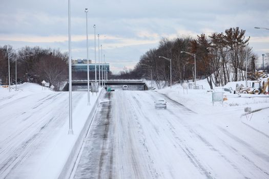NORWALK,CT - FEBRUARY 09:  Cars on empty  I-95 after winter storm in Norwalk on February 09,20123