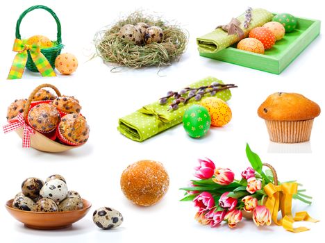set of  tulips, painted easter eggs, muffins and Quail eggs. on a white background
