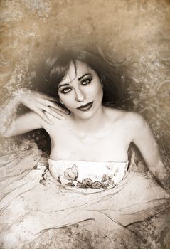 Beautiful Woman in Luxury dress. Sepia Toned.Vintage Style