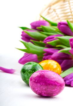 Easter eggs and flower tulips
