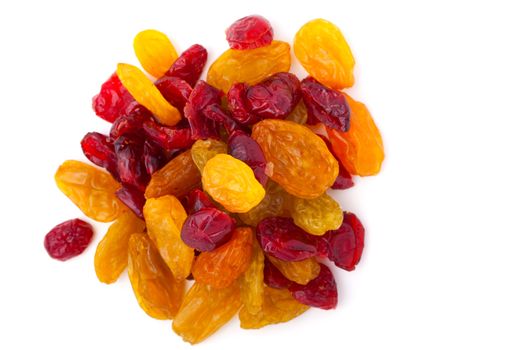 Golden and red raisins, on white background