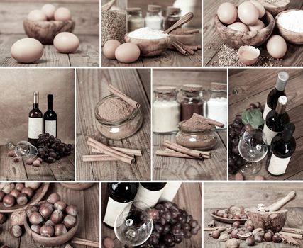 collection of red wine, eggs, cinnamon and nuts on wooden table