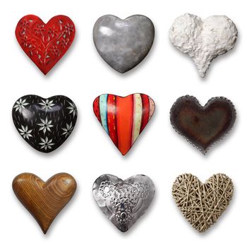 Photos of nine heart-shaped things made of stone, metal and wood on white background. Shadows visible.