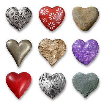 Photos of nine heart-shaped things made of stone, metal and wood on white background. Shadows visible.
