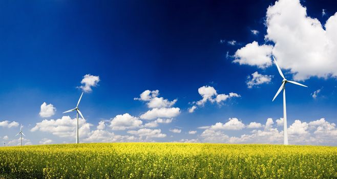 Panorama windmills in the field of yellow rape