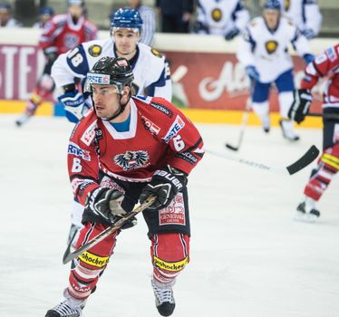 VIENNA - FEB 3: International hockey game between Austria and Kazakhstan. Raphael Rotter on the attack for Team Austria on February 3, 2013 at Albert Schultz Halle in Vienna, Austria.