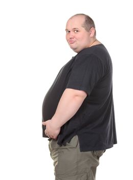 Fat Man Standing in Profile and Holding her Belly, on white background
