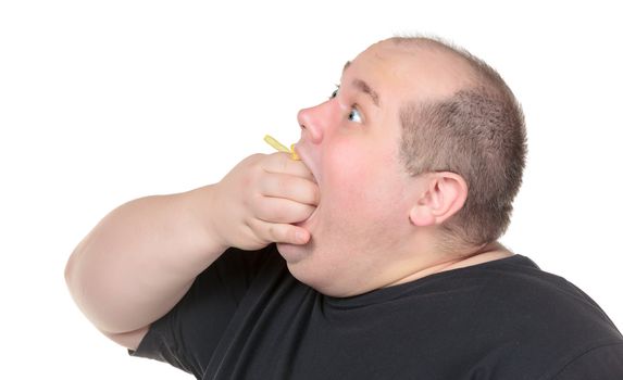 Fat Man Greedily Eating French Fries, on white background