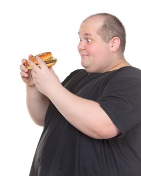 Fat Man Looks Lustfully at a Burger, on white background