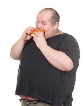 Fat Man Greedily Eating Hamburger, on white background