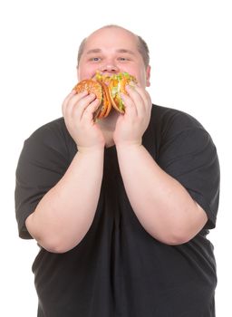 Fat Man Looks Lustfully at a Burger, on white background