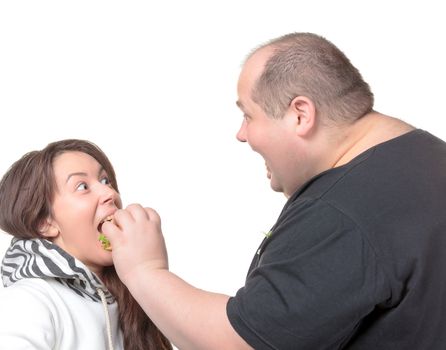 Fat Man Feeding a Girl a Burger, on white background