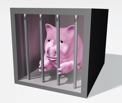 a pink piggy bank with a sad expression keeps clinging to the bars of a prison box with his front paws and some sunlight illuminates the front of him