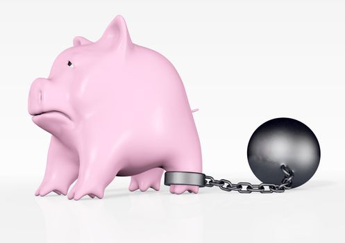 a pink piggy bank with a sad expression and a ball and chain tied to his rear paw stands in front of a white background