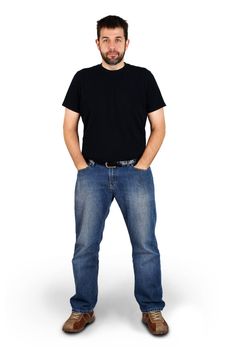 Complete body shot of a tall guy looking at camera, real ordinary middle aged bearded white man, can be actor or regular joe.