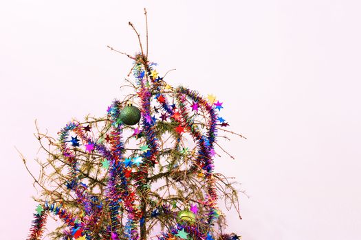 End of the holidays or other concept: dead fir Christmas tree with dried up needles; star garland and ornaments left in the tree.