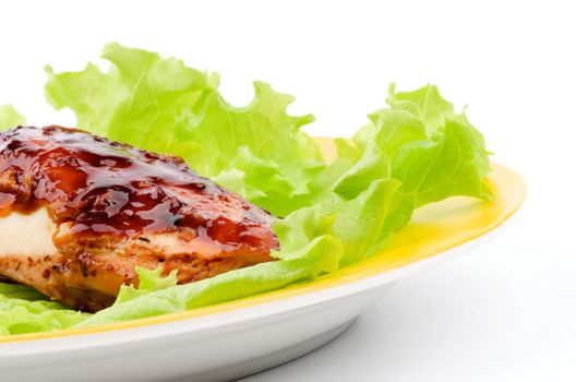 Delicious Grilled Turkey Breast and Lettuce on Yellow Plate closeup