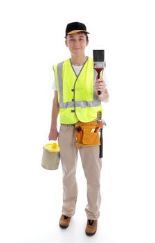 Handyman or painter ready for work.  White background.