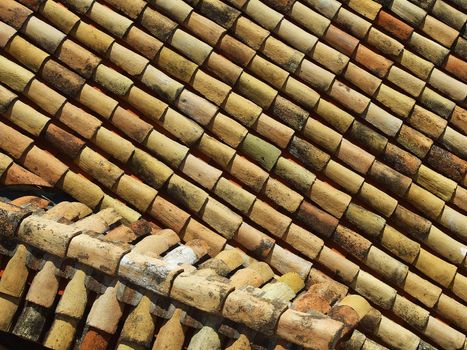 roof covering of ceramic rustic tiles, aerial view, background