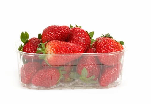 fresh strawberries in box on white background