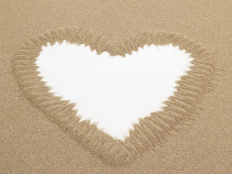 Heart shape drawn in sand with white space for text, conceptual designs 